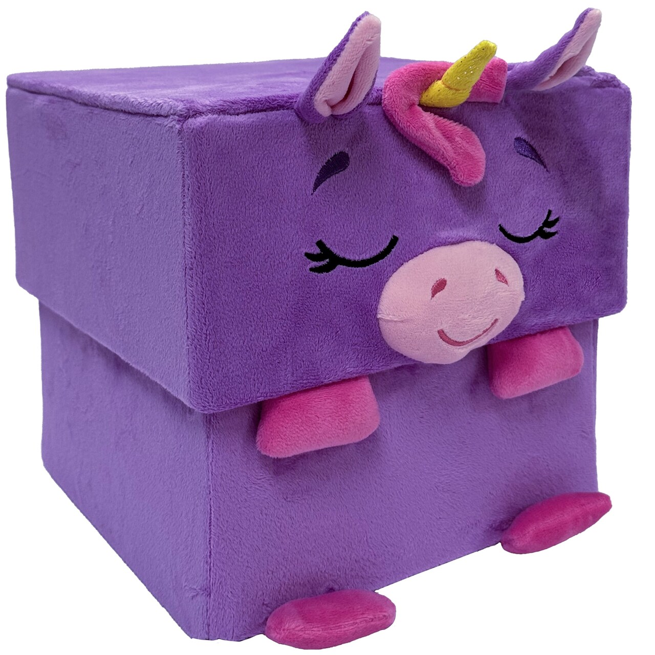 Happy Nappers: Adorable Storables - Unicorn - Purple & Pink - 8” Character Box & Surprise 8” Plush Toy w/ Weighted Paws, Square Storage Bin, Kids 1+